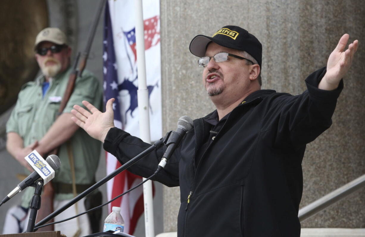 FILE - Stewart Rhodes, founder and president of the pro gun rights organization Oath Keepers speaks during a gun rights rally at the Connecticut State Capitol in Hartford, Conn., Saturday April 20, 2013.   Rhodes has been arrested and charged with seditious conspiracy in the Jan. 6 attack on the U.S. Capitol. The Justice Department announced the charges against Rhodes on Thursday.