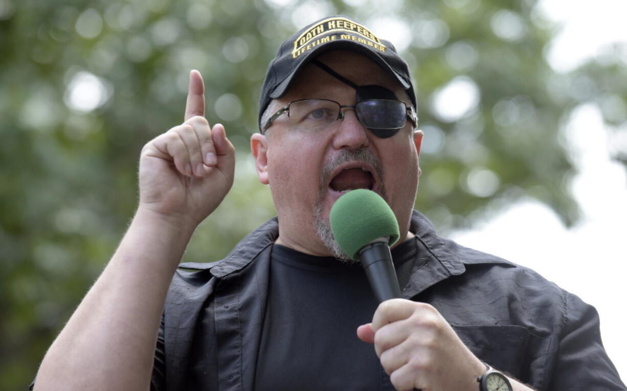 FILE - In this Sunday, June 25, 2017 file photo, Stewart Rhodes, founder of the Oath Keepers, speaks during a rally outside the White House in Washington. Rhodes has been arrested and charged with seditious conspiracy in the Jan. 6 attack on the U.S. Capitol. The Justice Department announced the charges against Rhodes on Thursday.