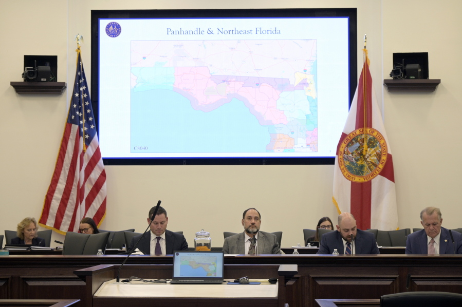 FILe - Florida Sen. Ray Rodrigues, center, views redistricting maps on a video monitor as an identical one is displayed behind him during a Senate Committee on Reapportionment hearing in a legislative session in Tallahassee, Fla. (AP Photo/Phelan M.