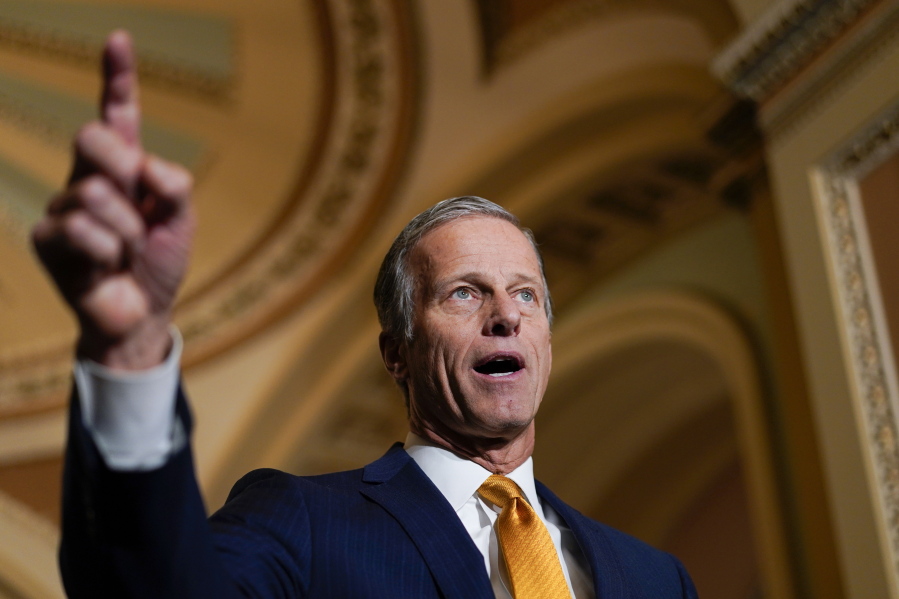 FILE - Sen. John Thune, R-S.D., speaks during a news conference on Capitol Hill in Washington, Tuesday, Dec. 7, 2021. Thune is seeking reelection to a fourth term in 2022. He turned 61 on Friday, Jan. 7, 2022,  and is second-ranked in Senate Republican leadership.