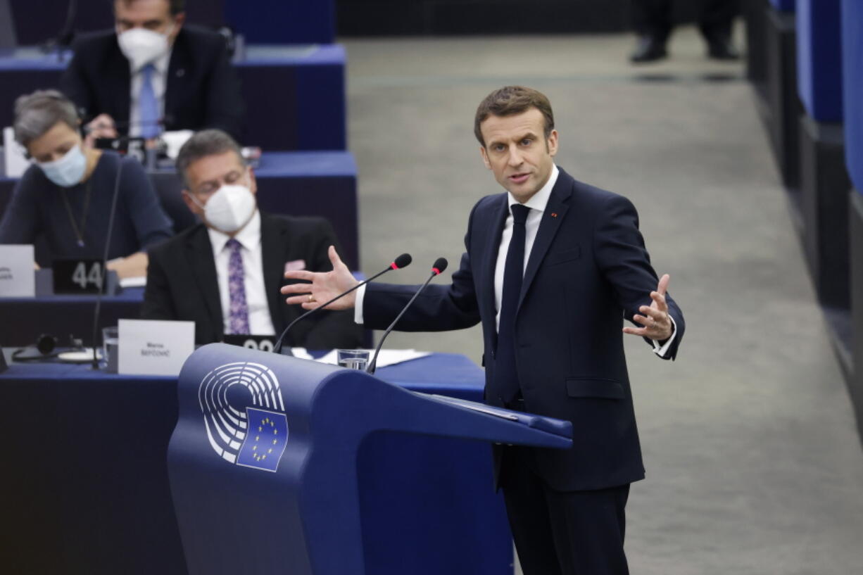 French President Emmanuel Macron delivers a speech at the European Parliament Wednesday, Jan. 19, 2022 in Strasbourg, eastern France.