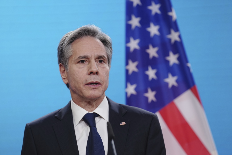 US Secretary of State Antony Blinken speaks to the media after talks with the foreign ministers of Great Britain, Germany and France at the Federal Foreign Office in Berlin, Germany, Thursday, Jan.20, 2022.