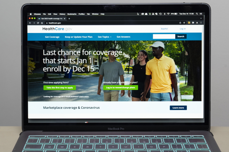 The healthcare.gov website is seen, Tuesday, Dec. 14, 2021 in Fort Washington, Md. Consumers seeking government-subsidized health insurance for next year have through Wednesday to sign up if they want their new plan to start Jan. 1.