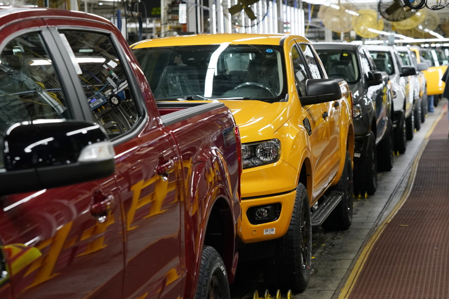 FILE - Model year 2021 Ford Ranger trucks on the assembly line at Michigan Assembly, Monday, June 14, 2021, in Wayne, Mich. U.S.