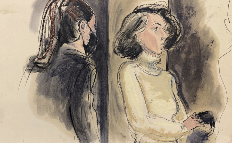 FILE - In this courtroom sketch, Ghislaine Maxwell, right, sits with her mask off during a break in her sex trafficking trial, Monday, Dec. 20, 2021, in New York.