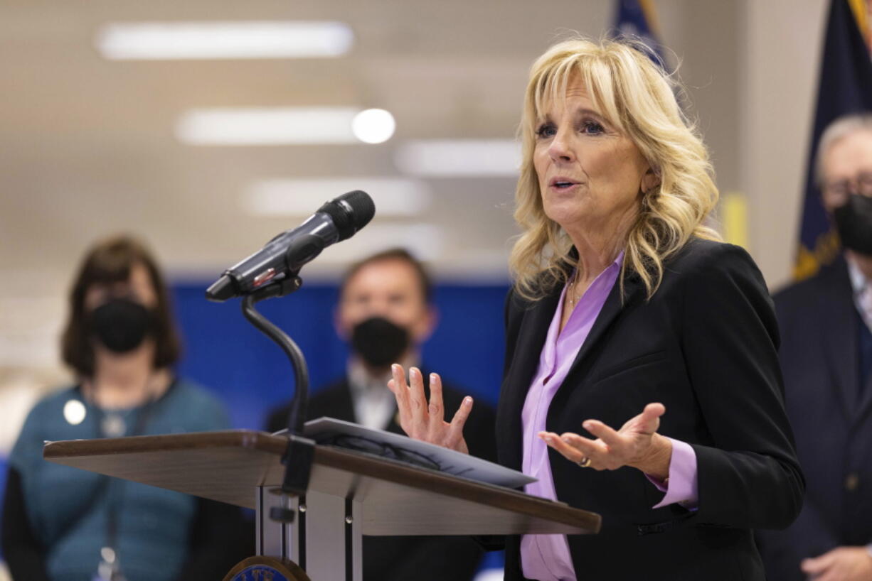 First lady Jill Biden delivers remarks at the FEMA State Disaster Recovery Center in Bowling Green, Ky., Friday, Jan. 14, 2022. Jill Biden visited a tornado ravaged neighborhood in Kentucky on Friday to meet with residents and local leaders.