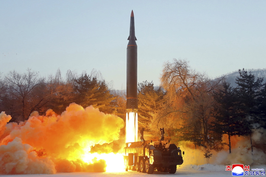FILE - This photo provided by the North Korean government, shows what it says a test launch of a hypersonic missile in North Korea on Jan. 5, 2022. Independent journalists were not given access to cover the event depicted in this image distributed by the North Korean government. The content of this image is as provided and cannot be independently verified. Korean language watermark on image as provided by source reads: "KCNA" which is the abbreviation for Korean Central News Agency.