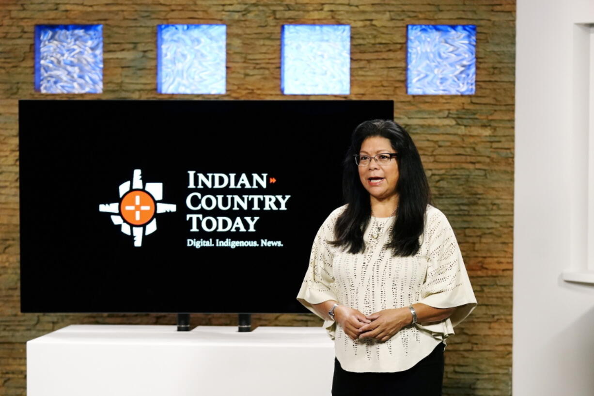 Indian Country Today executive producer and news broadcaster Patty Talahongva speaks during a news broadcast taping Friday, Sept. 10, 2021, in Phoenix.  Native American communities have seen more robust news coverage in recent years, in part because of an increase in Indigenous affairs reporting positions at U.S. newsrooms and financial support from foundations. (AP Photo/Ross D.