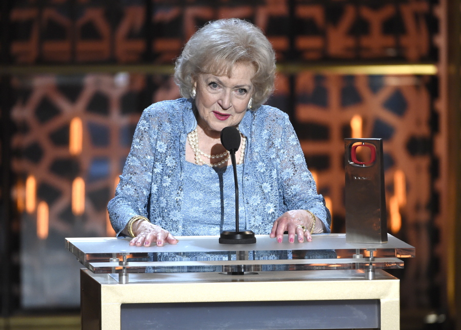 Betty White accepts a legend award during the TV Land Awards at the Saban Theatre in Beverly Hills, Calif., on April 11, 2015. White -- whose saucy, up-for-anything charm made her a television mainstay for more than 60 years -- died Dec. 31. She was 99.