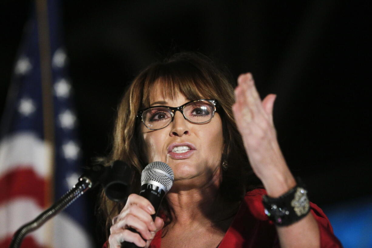 FILE - In this Sept. 21, 2017, file photo, former vice presidential candidate Sarah Palin speaks at a rally in Montgomery, Ala. Palin is on the verge of making new headlines in a legal battle with The New York Times. A defamation lawsuit against the Times, brought by the brash former Alaska governor in 2017, is set to go to trial starting Monday, Jan. 24, 2022 in federal court in Manhattan.