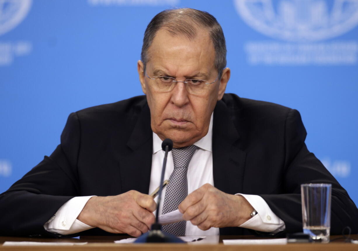 Russian Foreign Minister Sergey Lavrov attends his annual news conference in Moscow, Russia, Friday, Jan. 14, 2022.