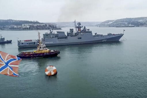 In this photo taken from video and released by the Russian Defense Ministry Press Service on Wednesday, Jan. 26, 2022, the Russian navy's frigate Admiral Essen prepares to sail off for an exercise in the Black Sea. Russia has launched a series of drills amid the tensions over Ukraine and deployed an estimated 100,000 troops near the Ukrainian territory that fueled Western fears of an invasion.
