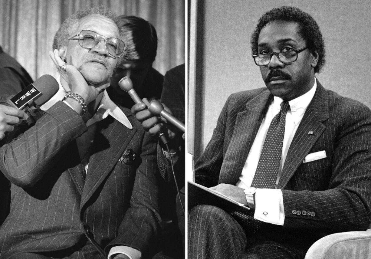 Comedian Redd Foxx, left, speaks to journalists about the reasons he left the top-rated sitcom "Sanford & Son" on March 14, 1974, in New York. Actor Demond Wilson participates in a CBS "Face the Nation" discussion on school prayer on May 5, 1984, in Washington.