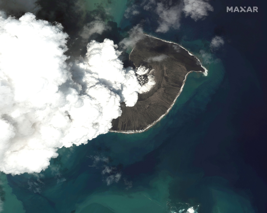 This satellite image provided by Maxar Technologies shows an overview of Hunga Tonga Hunga Ha'apai volcano in Tonga on Dec. 24, 2021.