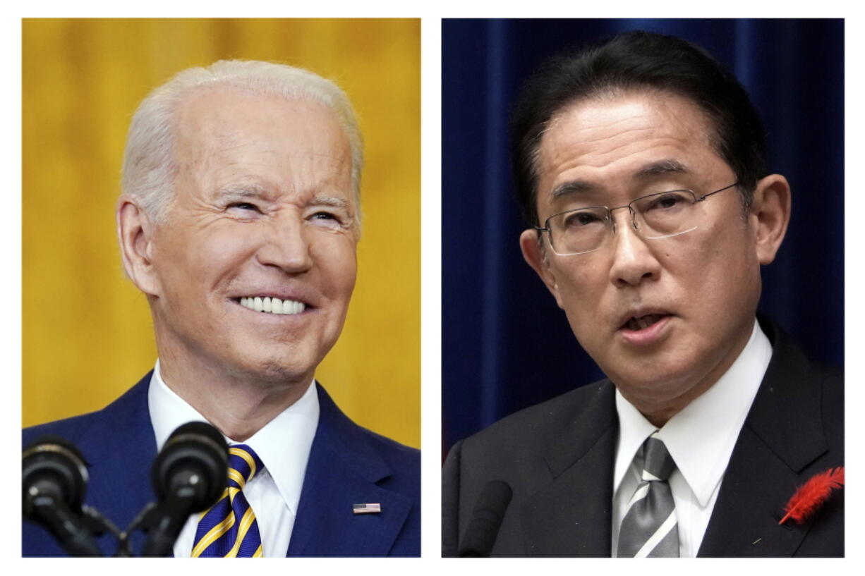FILE - This combination photo shows U.S. President Joe Biden, left, in Washington on Jan. 19, 2022, and Japanese Prime Minister Fumio Kishida in Tokyo on Oct. 14, 2021. Biden and Kishida are holding their first formal talks on Friday, Jan. 21, 2022, as the two leaders face fresh concerns about North Korea's nuclear program and China's growing military assertiveness. The virtual meeting comes after North Korea earlier this week suggested it might resume nuclear and long-range missile testing that has been paused for more than three years.