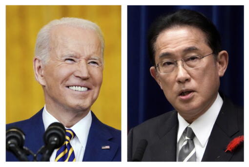 FILE - This combination photo shows U.S. President Joe Biden, left, in Washington on Jan. 19, 2022, and Japanese Prime Minister Fumio Kishida in Tokyo on Oct. 14, 2021. Biden and Kishida are holding their first formal talks on Friday, Jan. 21, 2022, as the two leaders face fresh concerns about North Korea's nuclear program and China's growing military assertiveness. The virtual meeting comes after North Korea earlier this week suggested it might resume nuclear and long-range missile testing that has been paused for more than three years.
