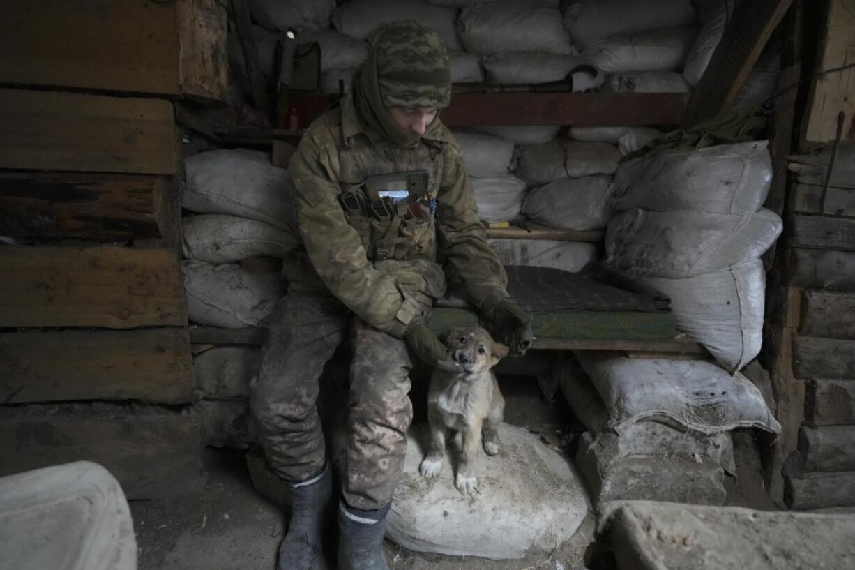 A Ukrainian serviceman pats a dog sitting in a shelter on the front line in the Luhansk region, eastern Ukraine, Friday, Jan. 28, 2022. High-stakes diplomacy continued on Friday in a bid to avert a war in Eastern Europe. The urgent efforts come as 100,000 Russian troops are massed near Ukraine's border and the Biden administration worries that Russian President Vladimir Putin will mount some sort of invasion within weeks.