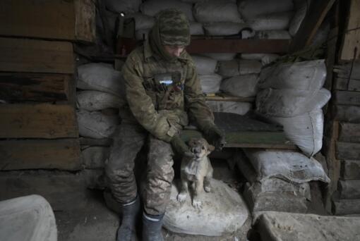 A Ukrainian serviceman pats a dog sitting in a shelter on the front line in the Luhansk region, eastern Ukraine, Friday, Jan. 28, 2022. High-stakes diplomacy continued on Friday in a bid to avert a war in Eastern Europe. The urgent efforts come as 100,000 Russian troops are massed near Ukraine's border and the Biden administration worries that Russian President Vladimir Putin will mount some sort of invasion within weeks.