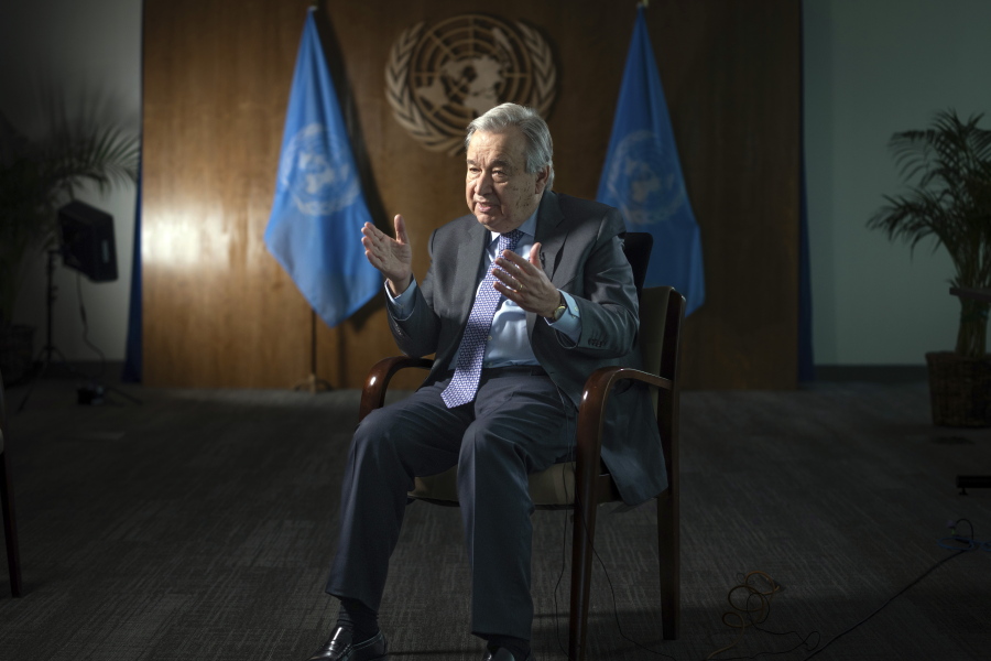 United Nations Secretary-General Antonio Guterres speaks during interview at the UN Headquarters, Thursday, Jan. 20, 2022, in New York. As he starts his second term as U.N. secretary-general, Antonio Guterres said Thursday the world is worse in many ways than it was five years ago because of the COVID-19 pandemic, the climate crisis and geopolitical tensions that have sparked conflicts everywhere -- but unlike U.S.