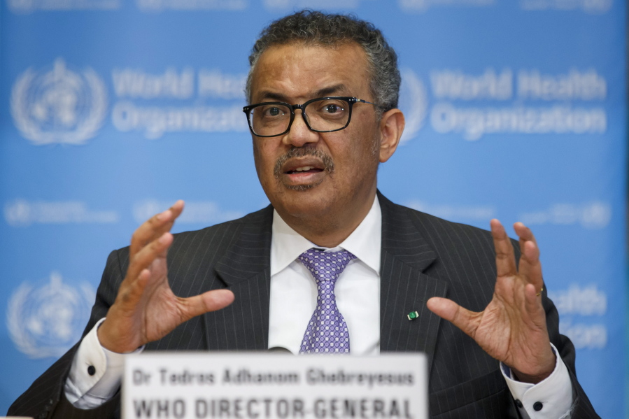 FILE - Tedros Adhanom Ghebreyesus, Director General of the World Health Organization speaks during a news conference on updates regarding on the novel coronavirus COVID-19, at the WHO headquarters in Geneva, Switzerland, on March 9, 2020 . The head of the World Health Organization is warning that conditions remain ideal for more coronavirus variants to emerge and says it's dangerous to assume omicron is the last one or that "we are in the endgame." Tedros Adhanom Ghebreyesus also says the acute phase of the pandemic could still end this year -- if some key targets are met.