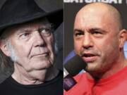 This combination photo shows Neil Young in Calabasas, Calif., on May 18, 2016, left, and UFC announcer and podcaster Joe Rogan before a UFC on FOX 5 event in Seattle on Dec. 7, 2012. Young fired off a public missive to his management on Monday, Jan. 24, 2022, demanding that they remove his music from the popular streaming service Spotify in protest over Rogan's popular podcast spreading misinformation about COVID-19. But by Tuesday afternoon, his letter had been removed from his website, "Heart of Gold" and other hits were still streaming.