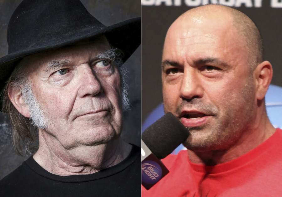This combination photo shows Neil Young in Calabasas, Calif., on May 18, 2016, left, and UFC announcer and podcaster Joe Rogan before a UFC on FOX 5 event in Seattle on Dec. 7, 2012. Young fired off a public missive to his management on Monday, Jan. 24, 2022, demanding that they remove his music from the popular streaming service Spotify in protest over Rogan's popular podcast spreading misinformation about COVID-19. But by Tuesday afternoon, his letter had been removed from his website, "Heart of Gold" and other hits were still streaming.