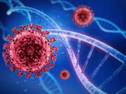 Red Virus and blue DNA strand - medical 3D illustration with dark blue background