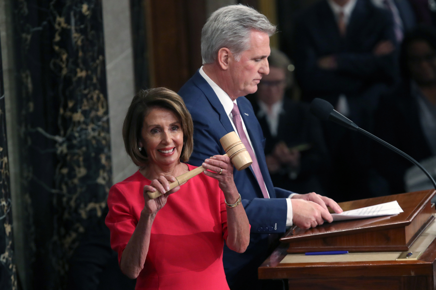 Speaker of the House Nancy Pelosi (D-CA) receives the gavel from Rep. Kevin McCarthy (R-CA) during the first session of the 116th Congress at the U.S. Capitol on Jan. 3, 2019, in Washington, D.C.