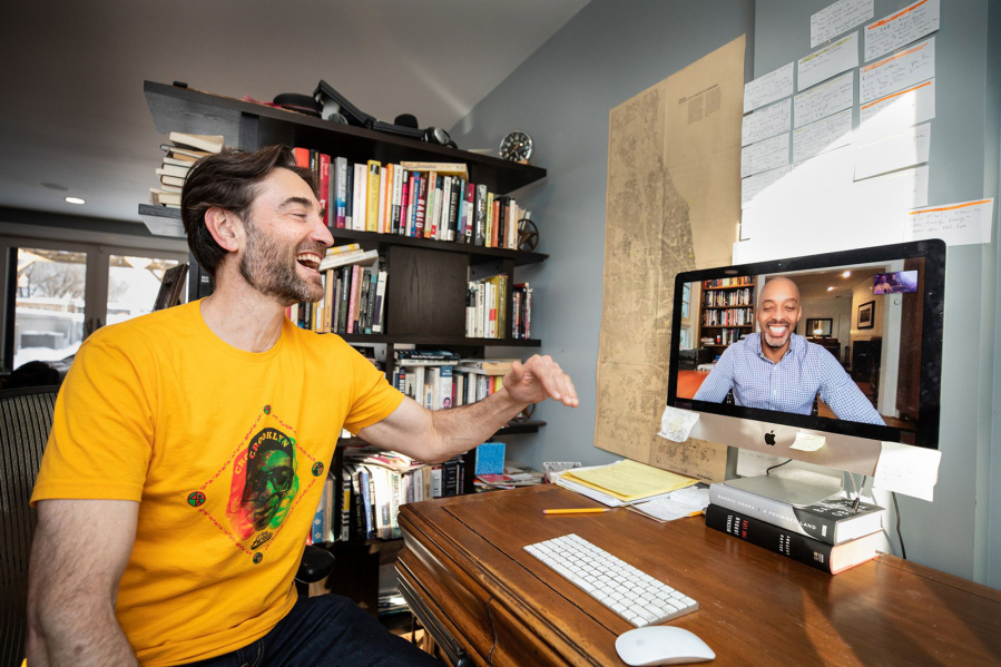 Ben Austen, one of the hosts of the podcast "Some of My Best Friends Are ...," talks via video chat from his Kenwood neighborhood home in Chicago with his co-host Khalil Muhammad, who lives in New Jersey, on Jan. 28, 2022. (Vincent D.