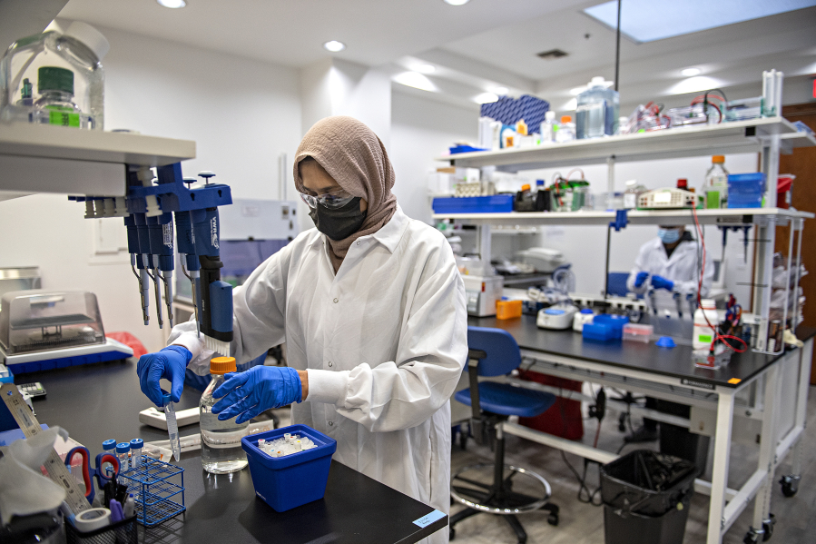 Riffat Ahmed checks the quality of samples in Capsigen's downtown Vancouver lab. At top, AAV capsids have the potential to deliver gene therapy tools directly to specific cells to cure diseases that currently have no cure.