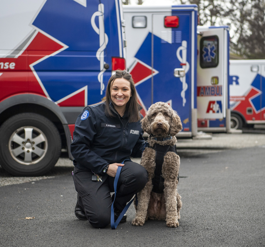 American Medical Response Operations Supervisor Kanessa Thompson, and Apollo, a 3-year-old labradoodle and certified therapy dog, are partners at work and at home. Thompson has been working with Apollo for three years.