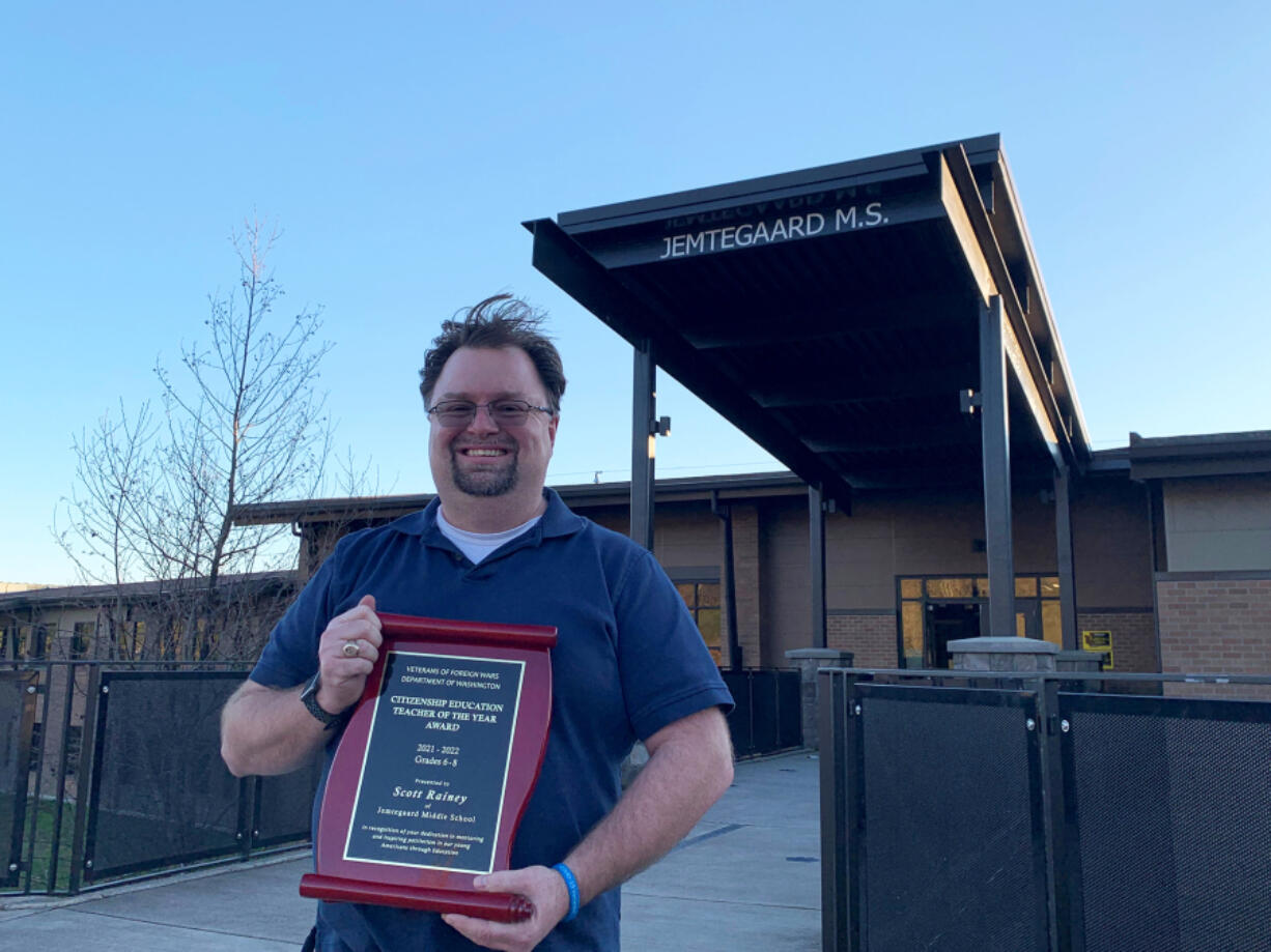 Jemtegaard Middle School's Scott Rainey was awarded the Veterans of Foreign Wars Department of Washington's Citizenship Education Middle School Teacher of the Year award.