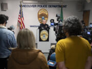 Vancouver police Chief James McElvain speaks to the press Thursday afternoon at the department's headquarters following Saturday's fatal shooting of Officer Donald Sahota. The chief read statements from the fallen officer's family and thanked the community for its outpouring of support.