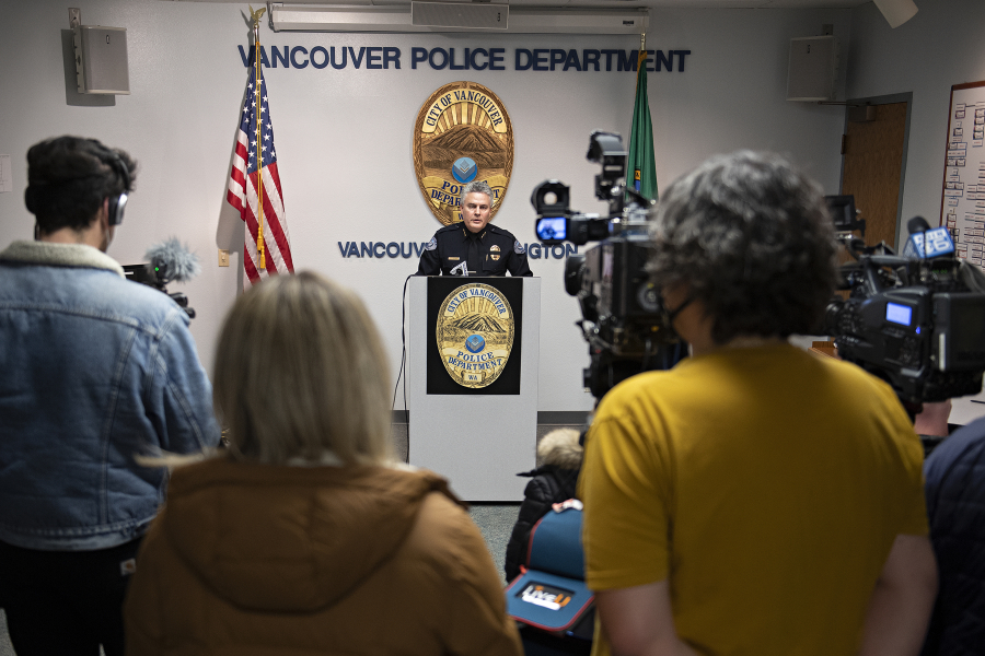 Vancouver police Chief James McElvain speaks to the press Thursday afternoon at the department's headquarters following Saturday's fatal shooting of Officer Donald Sahota. The chief read statements from the fallen officer's family and thanked the community for its outpouring of support.