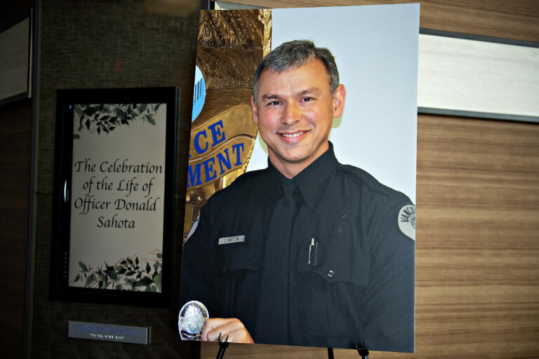 Officer Donald Sahota is honored by friends, family and colleagues at ilani Casino Resort on Tuesday, Feb. 8, 2022. Sahota, 52, was mistakenly shot at his home near Battle Ground by a Clark County sheriff during a manhunt for a robbery suspect.