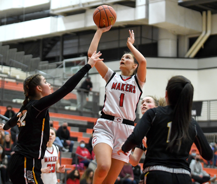 Camas sophomore Reagan Jamison shoots against Inglemoore during the Papermakers' 56-44 playoff win at Battle Ground High School.