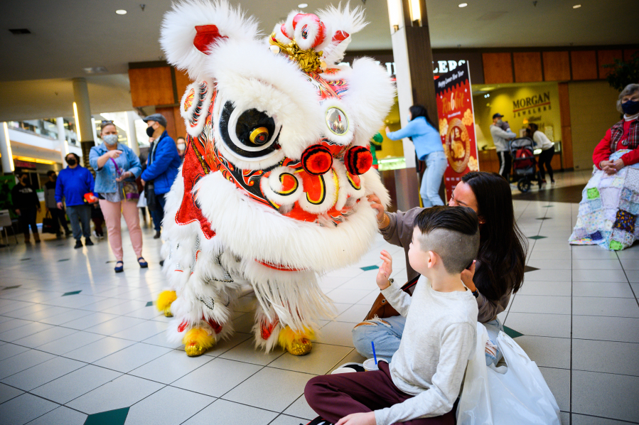 Audience members reach out to touch the elaborate lion dance costumes during the Lunar New Year celebration at Vancouver Mall. (Molly J.