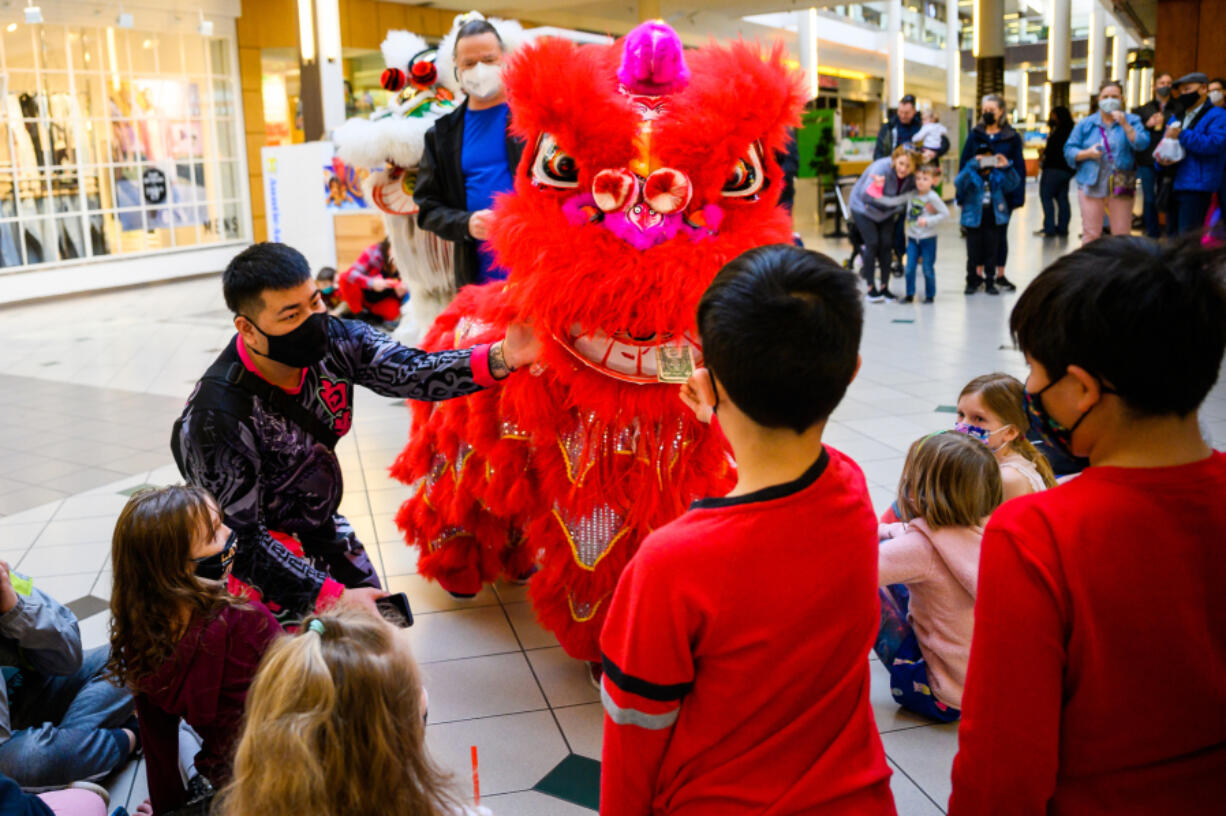 Audience members place money in the mouth of a lion character during a performance by the White Lotus dance troupe at Vancouver Mall on Saturday to celebrate Lunar New Year. It is tradition to feed the lion by placing a red envelope containing money in its mouth for good luck. (Molly J.