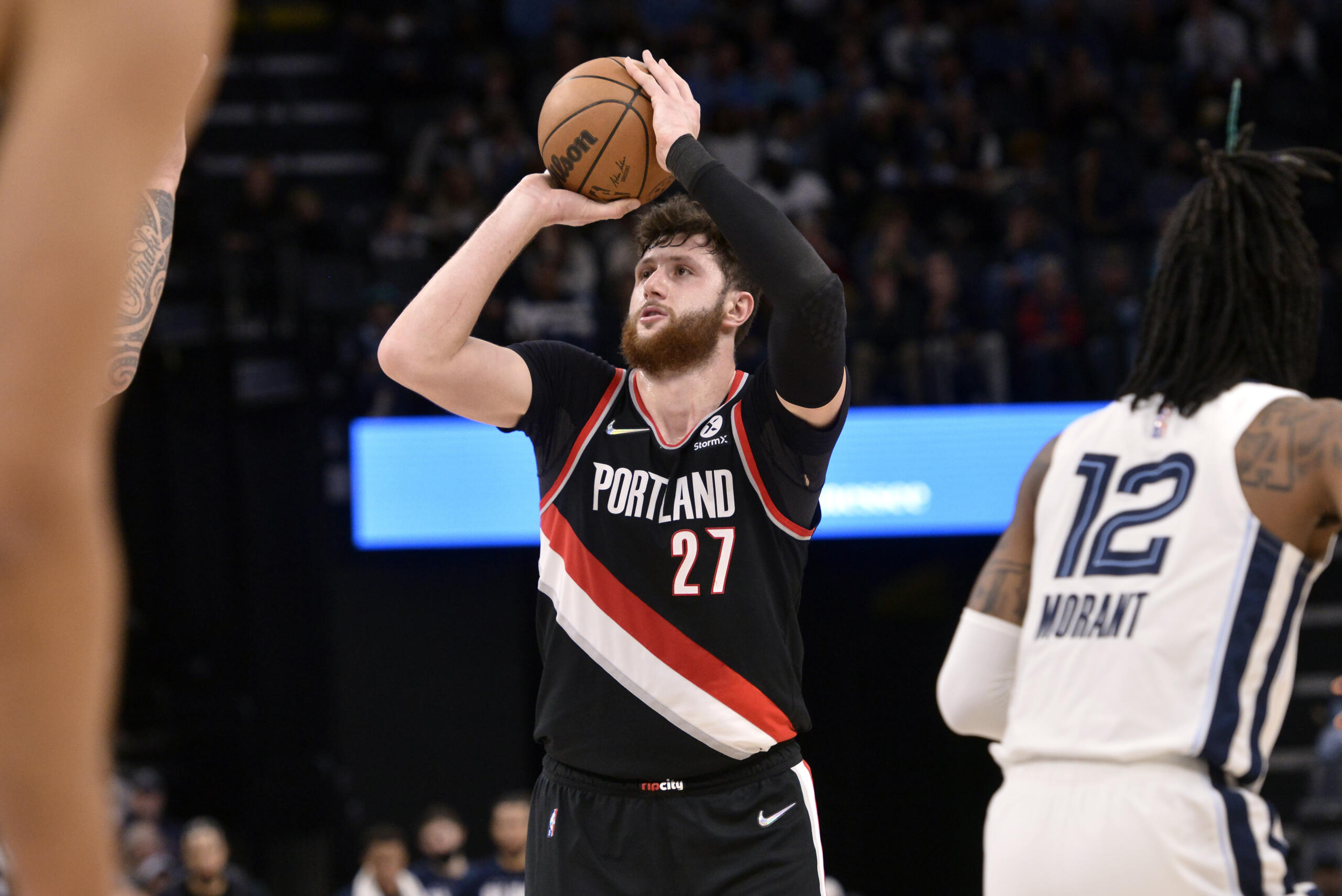 Portland Trail Blazers center Jusuf Nurkic (27) shoots the ball against the Memphis Grizzlies in the first half of an NBA basketball game Wednesday, Feb. 16, 2022, in Memphis, Tenn.