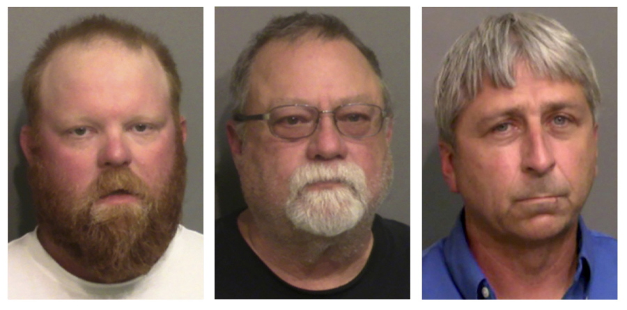 FILE - This combo of booking photos provided by the Glynn County, Ga., Detention Center, shows from left, Travis McMichael, his father Gregory McMichael, and William "Roddie" Bryan Jr.  Legal experts say federal hate crimes charges in the 2020 chase and killing of Ahmaud Arbery could prove more difficult to prosecute than the fall murder trial that ended in convictions of three white men. Jury selection is scheduled to begin Monday, Feb. 7, 2022 in U.S.