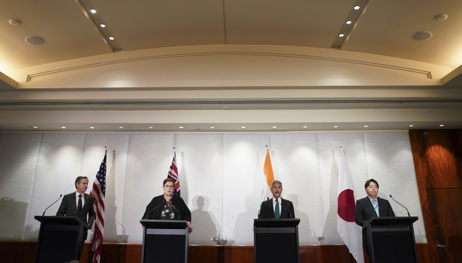 U.S. Secretary of State Antony Blinken, Australian Foreign Minister Marise Payne, Indian Foreign Minister Subrahmanyam Jaishankar and Japanese Foreign Minister Yoshimasa Hayashi hold a joint press availability at the Quad meeting of foreign ministers in Melbourne, Australia, February 11, 2022.