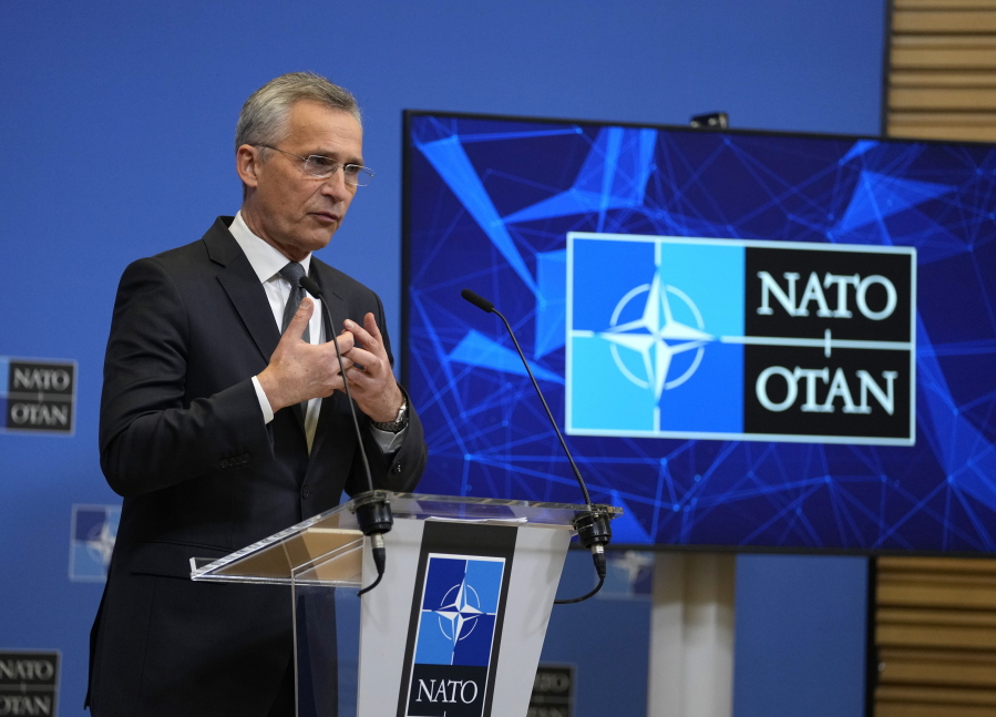 NATO Secretary General Jens Stoltenberg speaks during a media conference at NATO headquarters in Brussels, Thursday, Feb 24, 2022. NATO envoys met in emergency session Thursday after Russian President Vladimir Putin ordered a large-scale attack on Ukraine as the 30-nation military organization prepares to bolster its defenses in allies neighboring both countries.