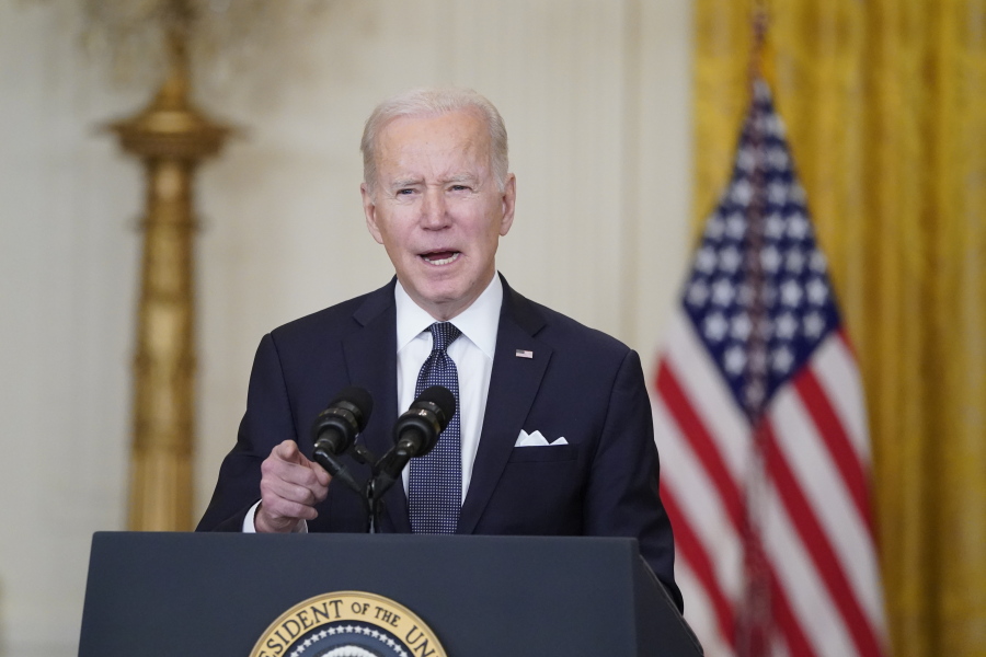President Joe Biden speaks in the East Room of the White House, on Feb. 15, 2022, in Washington. Long-delayed cleanup of Great Lakes harbors and tributaries polluted with industrial toxins will accelerate dramatically with a $1 billion boost from Biden's infrastructure plan, administration officials said Thursday.