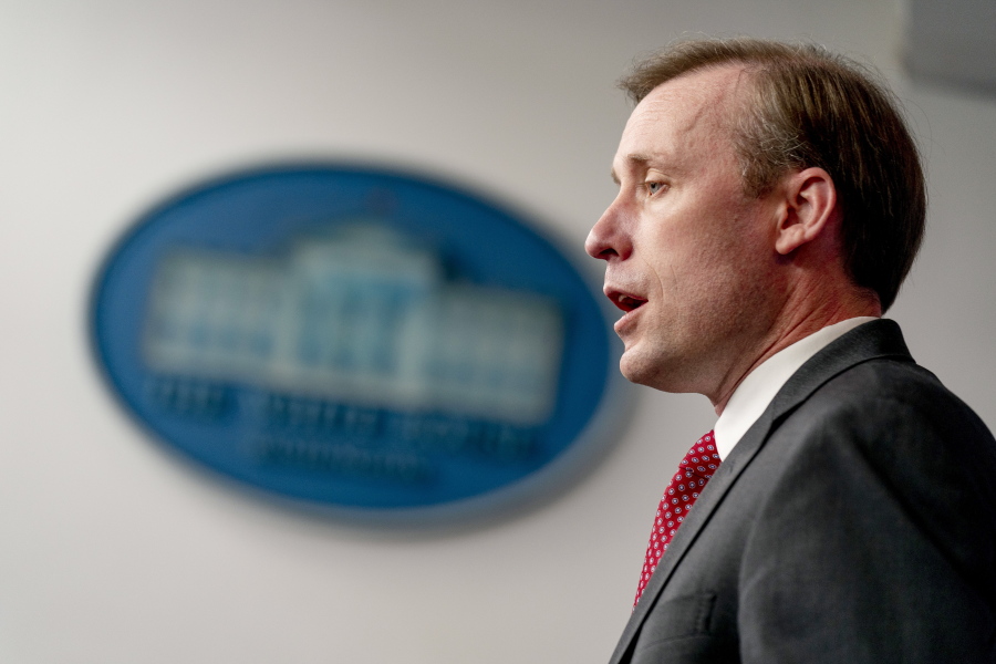White House national security adviser Jake Sullivan gives an update about the ongoing talks with Russia at a press briefing at the White House in Washington, Thursday, Jan. 13, 2022.