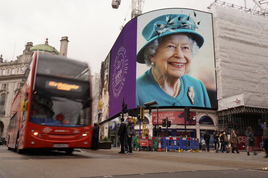 The screen in Piccadilly Circus is lit to celebrate the 70th anniversary of Britain's Queen Elizabeth's accession to the throne, in London, Sunday, Feb.