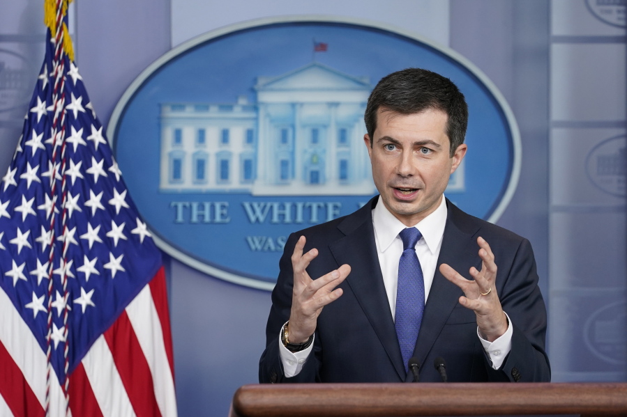 FILE - Transportation Secretary Pete Buttigieg speaks during the daily briefing at the White House in Washington, on Nov. 8, 2021. Buttigieg is vowing help to stem a rising U.S. epidemic of car fatalities with a broad-based government strategy aimed at limiting the speed of cars, redesigning roads to better protect bicyclists and pedestrians and boosting car safety features such as automatic emergency braking. Buttigieg indicated to The Associated Press that new federal data being released next week will show another spike in traffic fatalities through the third quarter of 2021.