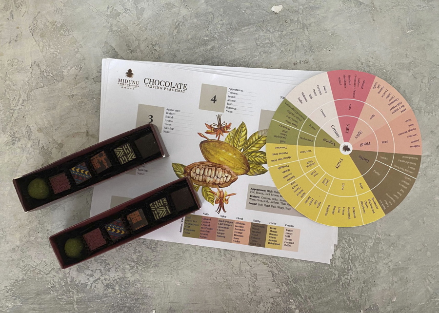 Midunu Chocolates, made in Ghana, are displayed in New York. The various gem-like confections are designed to honor African chocolate-making traditions. Try their chocolate tasting kit for four with a flavor wheel, tasting mats and more.