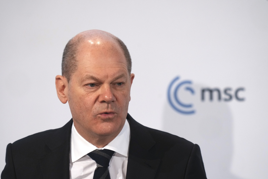 German Chancellor Olaf Scholz addresses the Munich Security Conference in Munich, Germany, Saturday, Feb. 19, 2022.