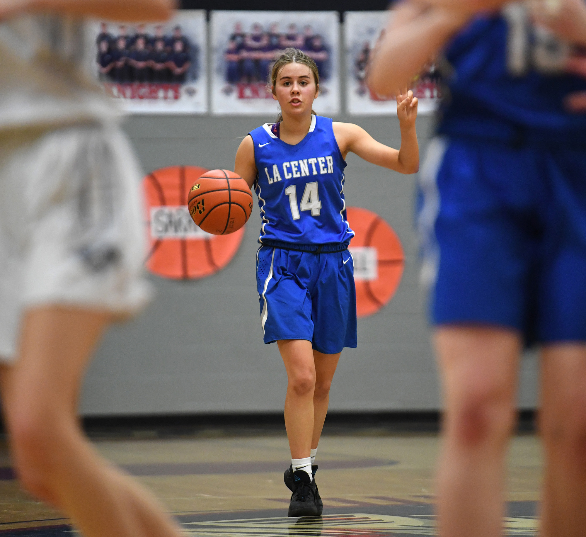 La Center senior Anabelle Atwood directs the team Friday, Feb. 4, 2022, during the during the Wildcats’ 45-40 loss to Kings’ Way at King’s Way Christian High School.