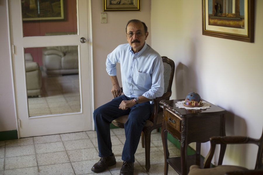 FILE - Retired Sandinista Gen. Hugo Torres poses for portrait at his home, in Managua, Nicaragua, May 2, 2018. The former Sandinista guerrilla leader and opposition politician died in prison at the age of 73, relatives said Saturday, Feb. 12, 2022. Torres was the first of a large group of opposition leaders rounded up in a 2021 crackdown to die; it was unclear if his death was hastened by conditions in prison.